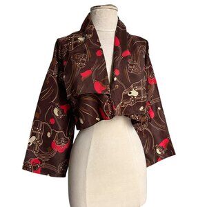 70s Vintage Kimono Inspired Bolero Top Cropped Long Sleeve Geometric Pattern.